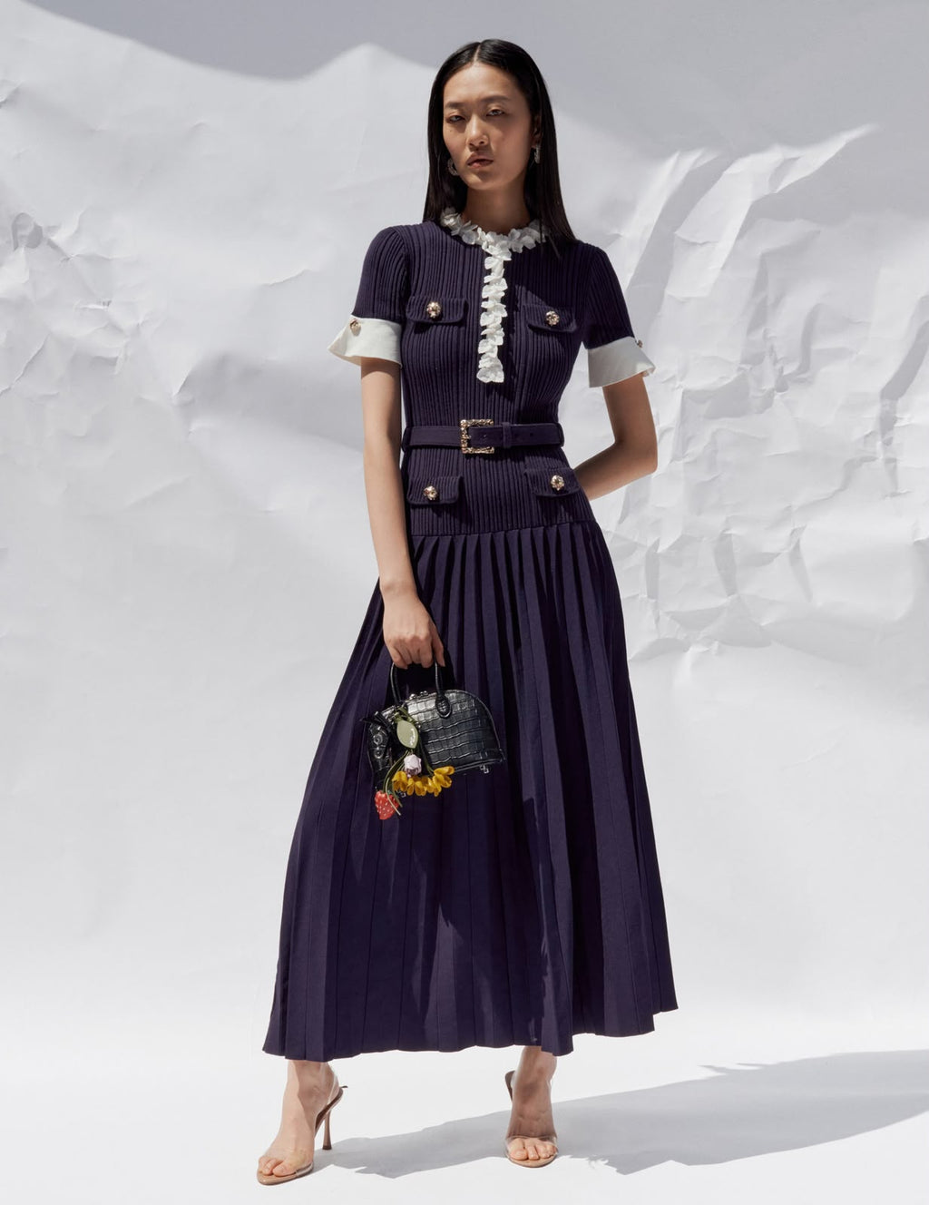 Self-Portrait Contrast-Trim Belted Pleated Midi Dress