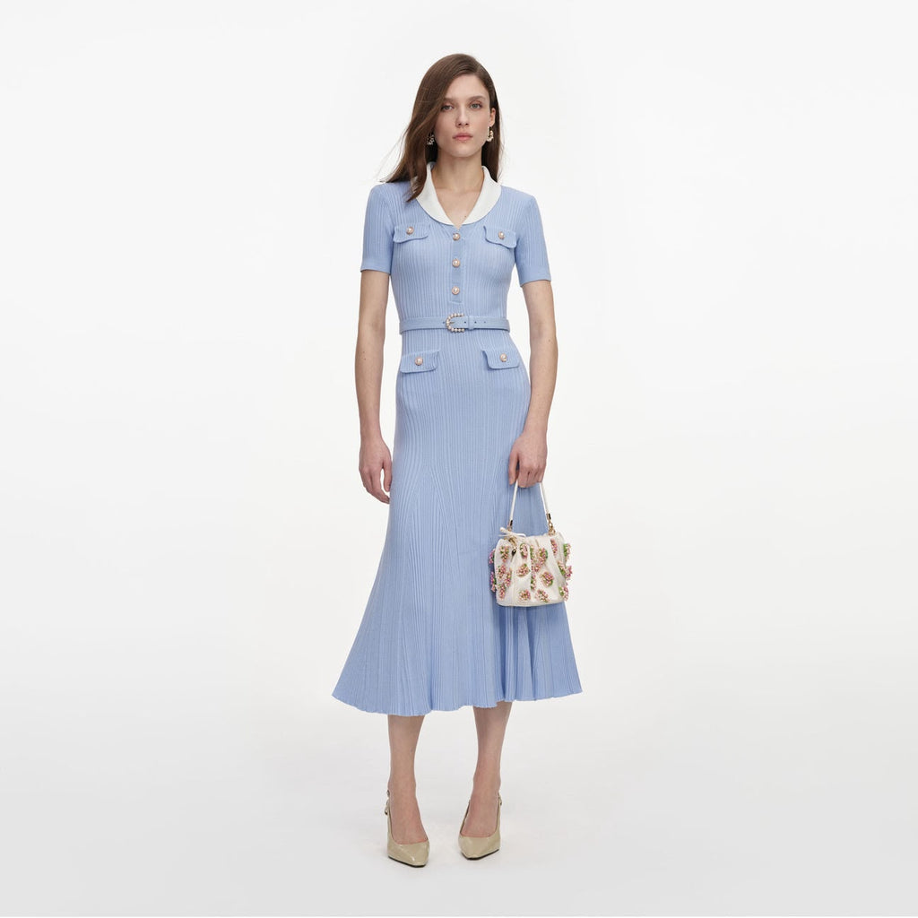 Self-Portrait Contrast-Collar Belted Midi Dress