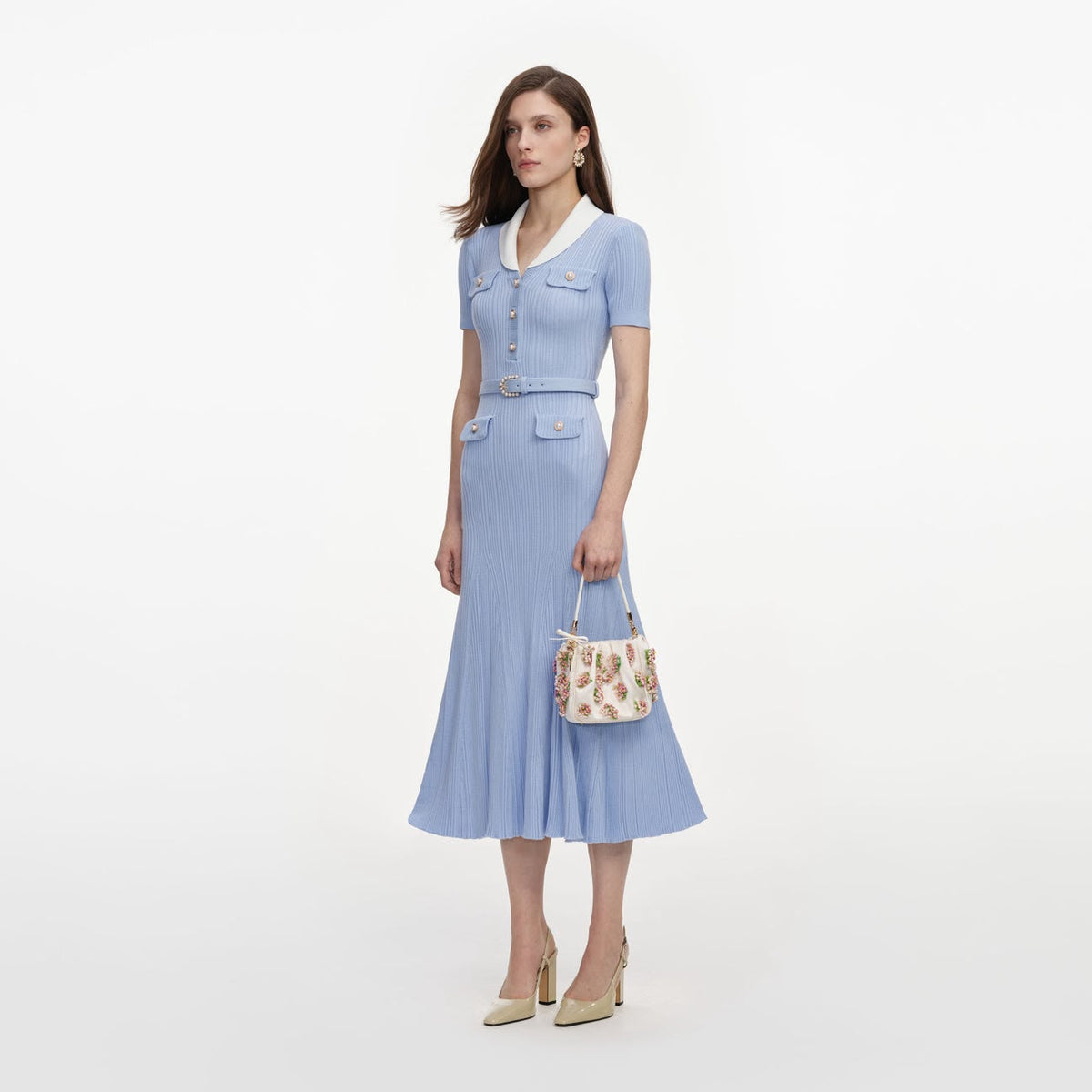 Self-Portrait Contrast-Collar Belted Midi Dress