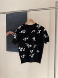 CHANEL Floral-Motif Short-Sleeve Knit Top