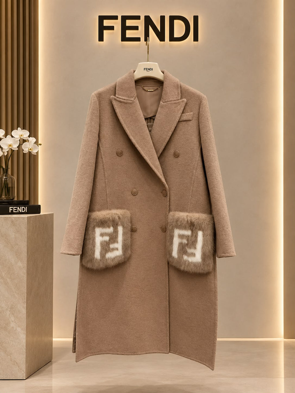 FENDI Double-Breasted Long Coat with FF Plush Pockets