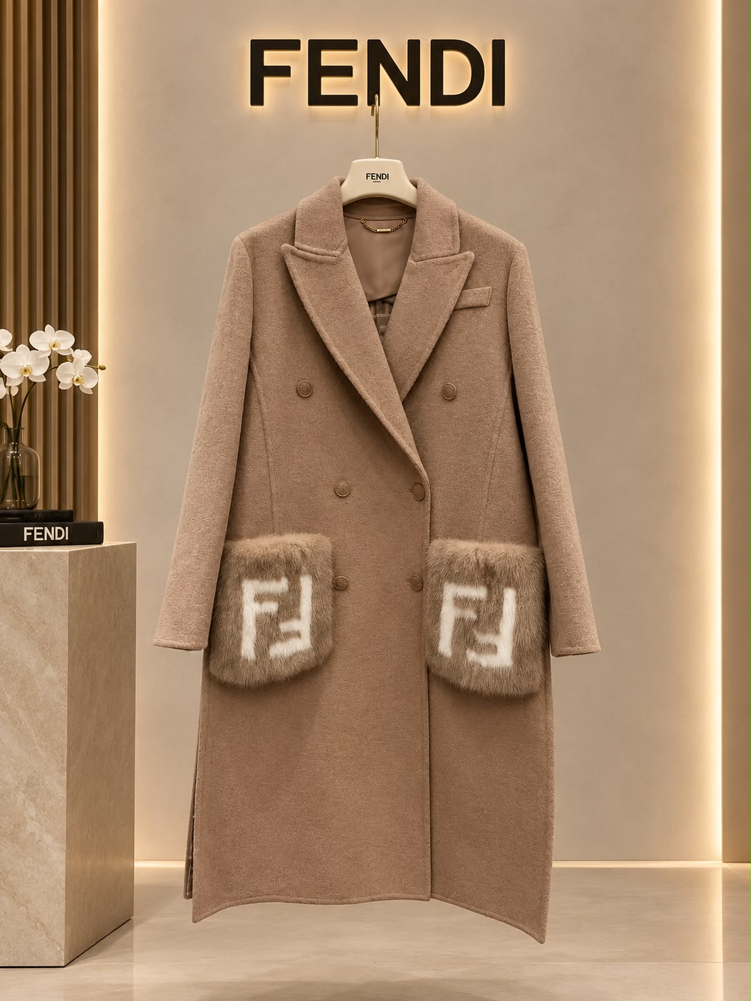 FENDI Double-Breasted Long Coat with FF Plush Pockets