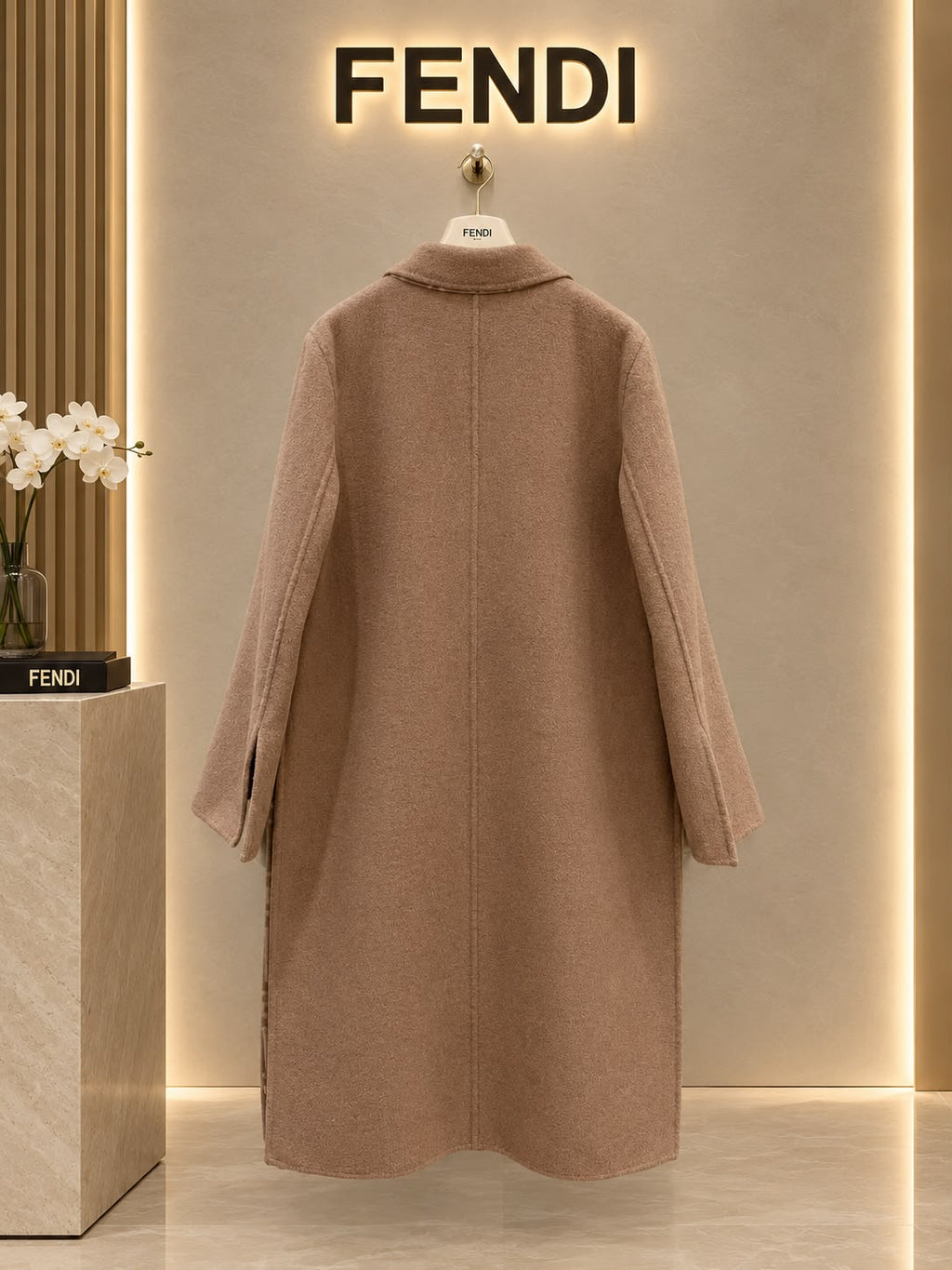 FENDI Double-Breasted Long Coat with FF Plush Pockets
