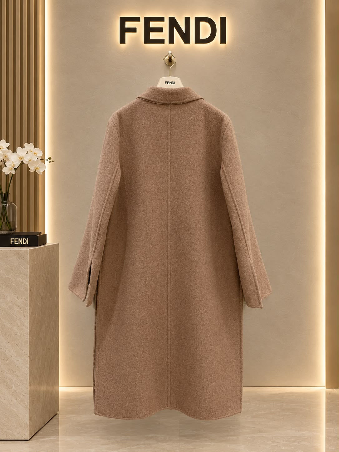 FENDI Double-Breasted Long Coat with FF Plush Pockets