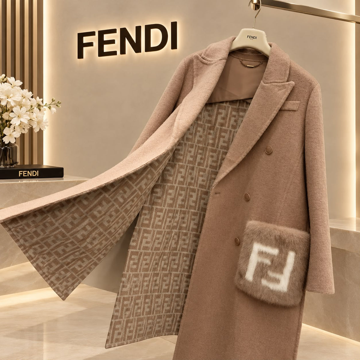 FENDI Double-Breasted Long Coat with FF Plush Pockets
