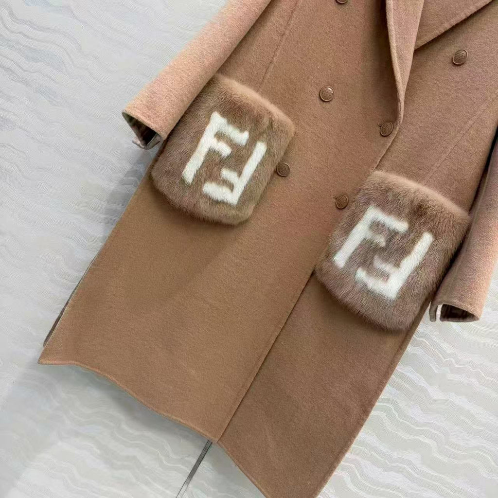 FENDI Double-Breasted Long Coat with FF Plush Pockets