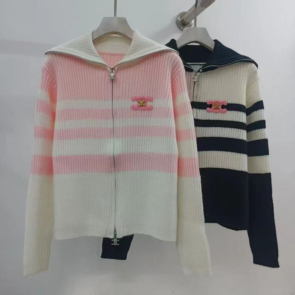 celine Striped Zip-Front Ribbed Cardigan