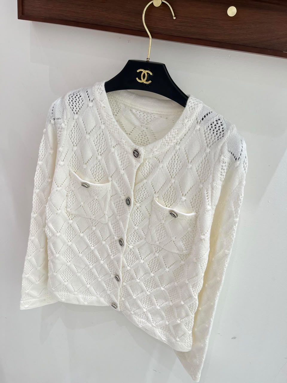 CHANEL Diamond-Openwork Pocket Cardigan