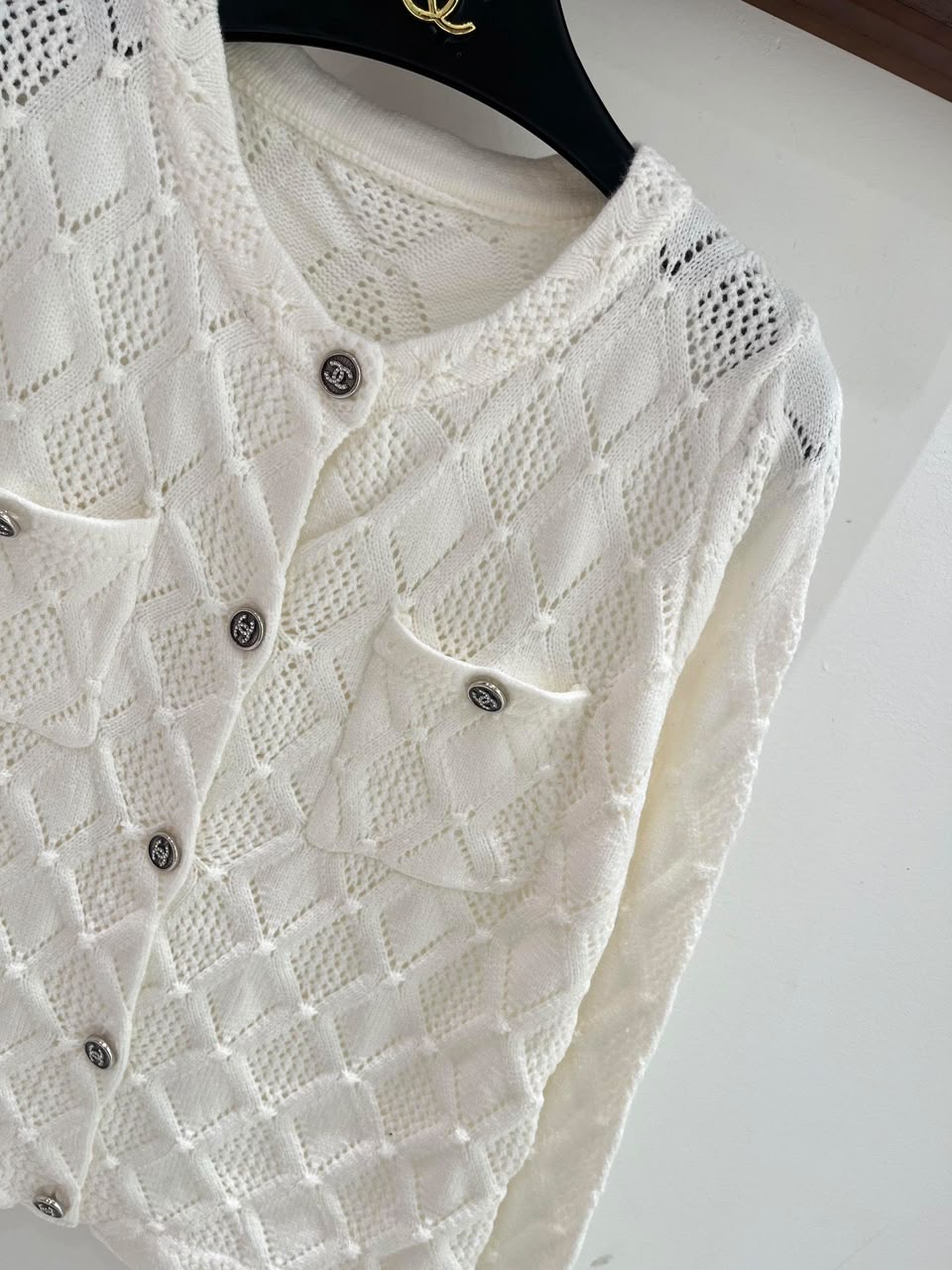 CHANEL Diamond-Openwork Pocket Cardigan