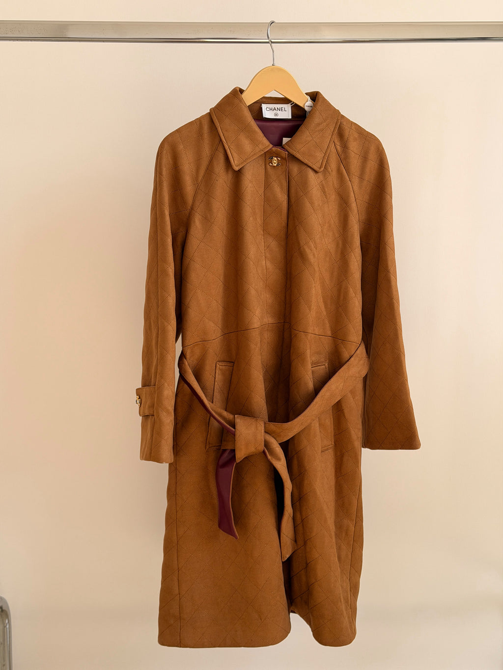 CHANEL Belted Collared Long Coat