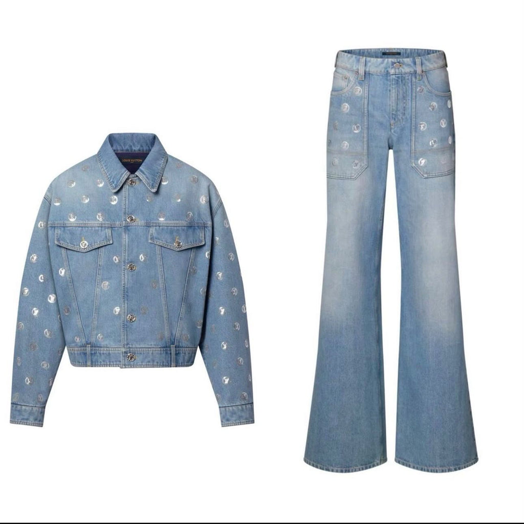 LV Motif Denim Jacket and Wide-Leg Jeans Set