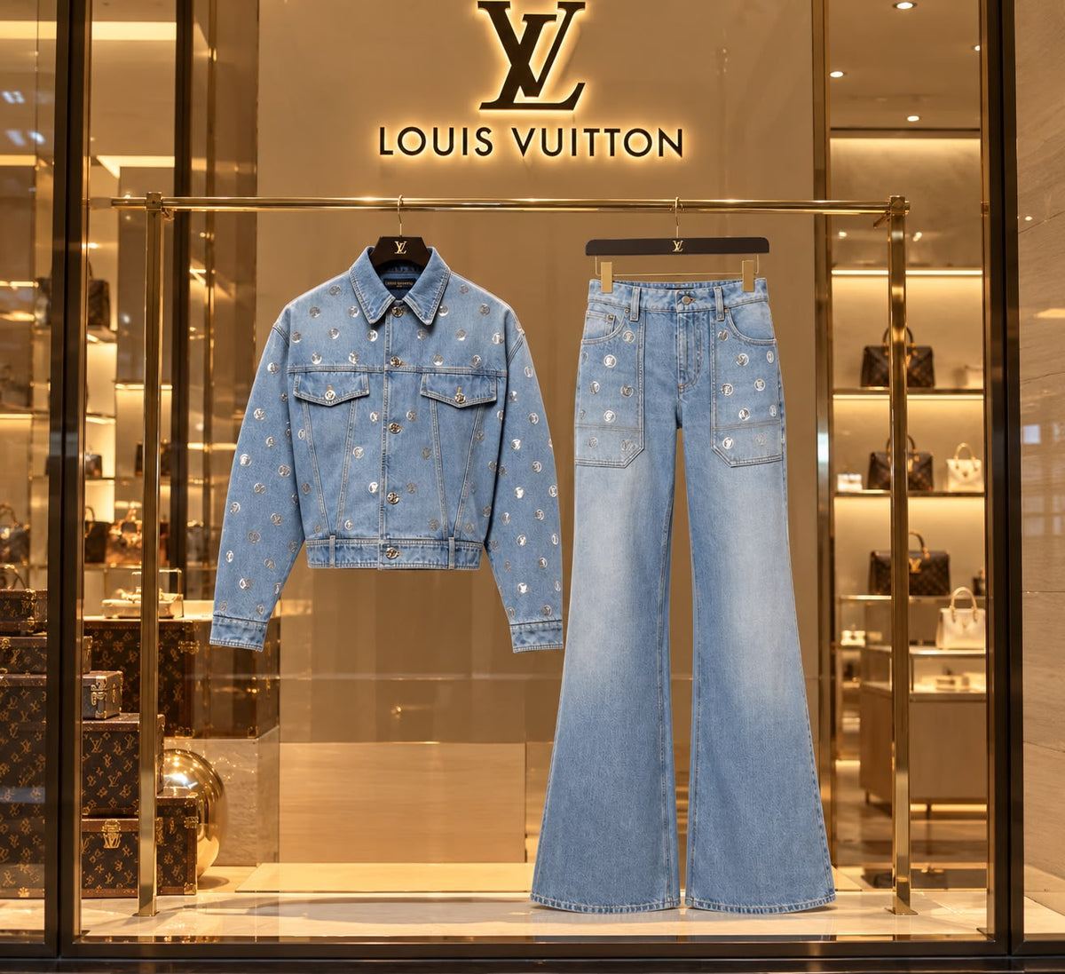 LV Motif Denim Jacket and Wide-Leg Jeans Set