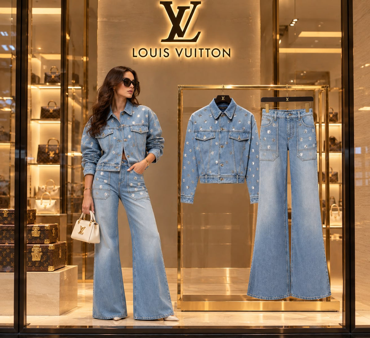 LV Motif Denim Jacket and Wide-Leg Jeans Set