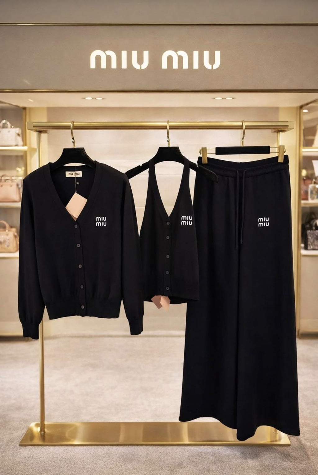 Miu Miu Logo Cardigan Halter Top and Wide-Leg Trousers Set