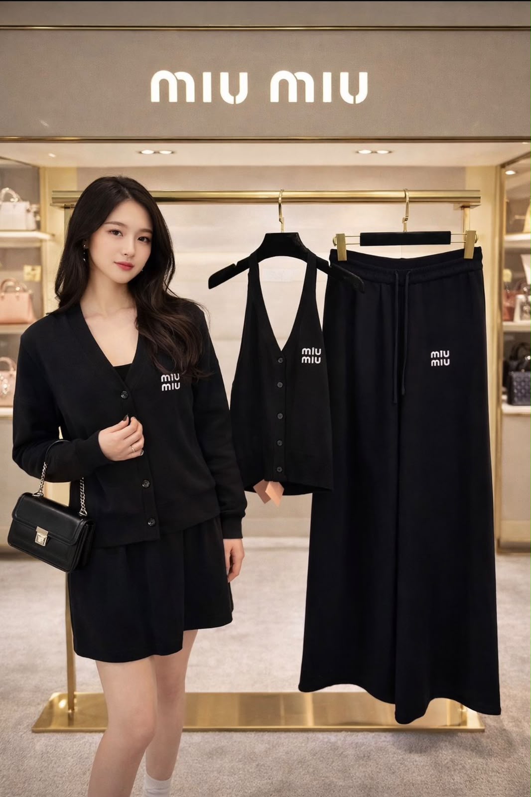 Miu Miu Logo Cardigan Halter Top and Wide-Leg Trousers Set