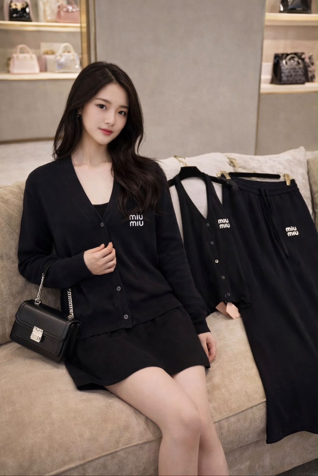 Miu Miu Logo Cardigan Halter Top and Wide-Leg Trousers Set