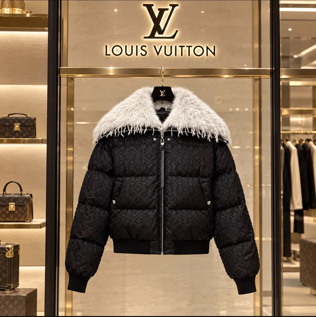 LV Monogram Puffer Jacket with Contrast Shaggy Collar