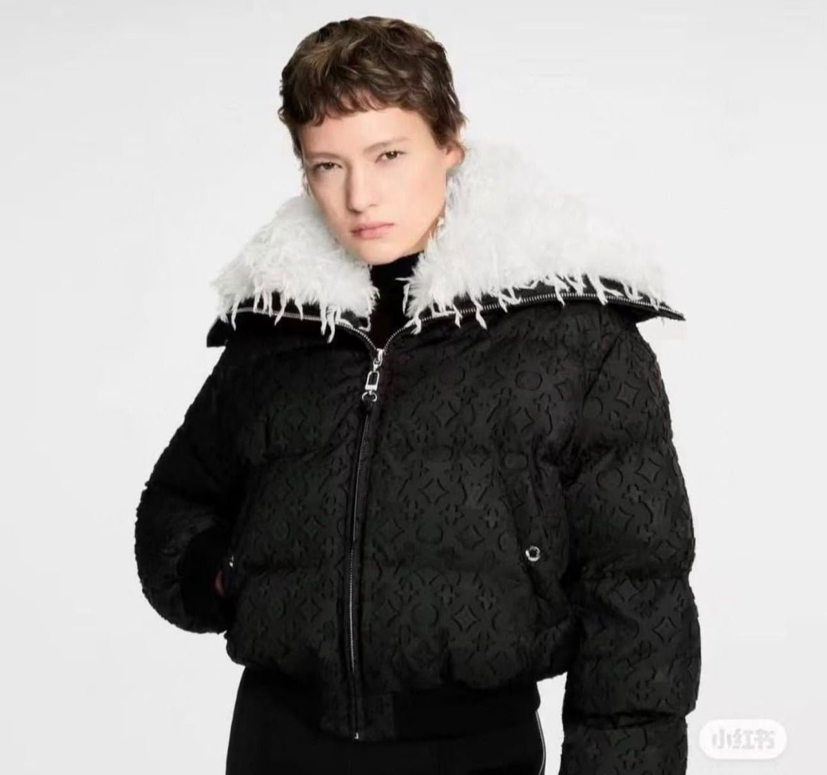 LV Monogram Puffer Jacket with Contrast Shaggy Collar