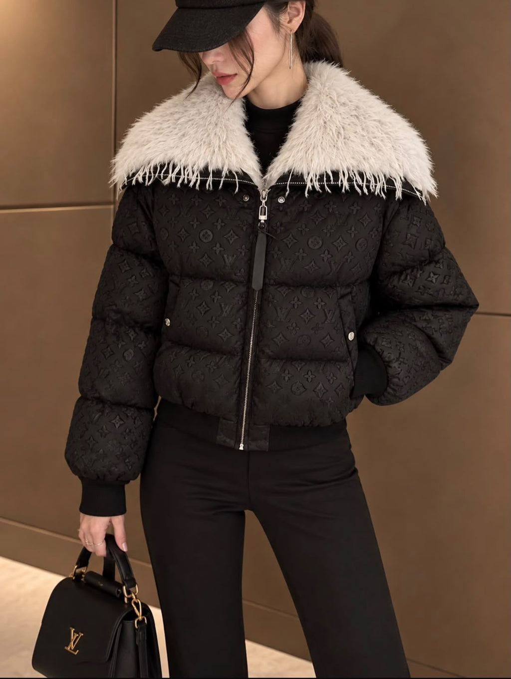 LV Monogram Puffer Jacket with Contrast Shaggy Collar