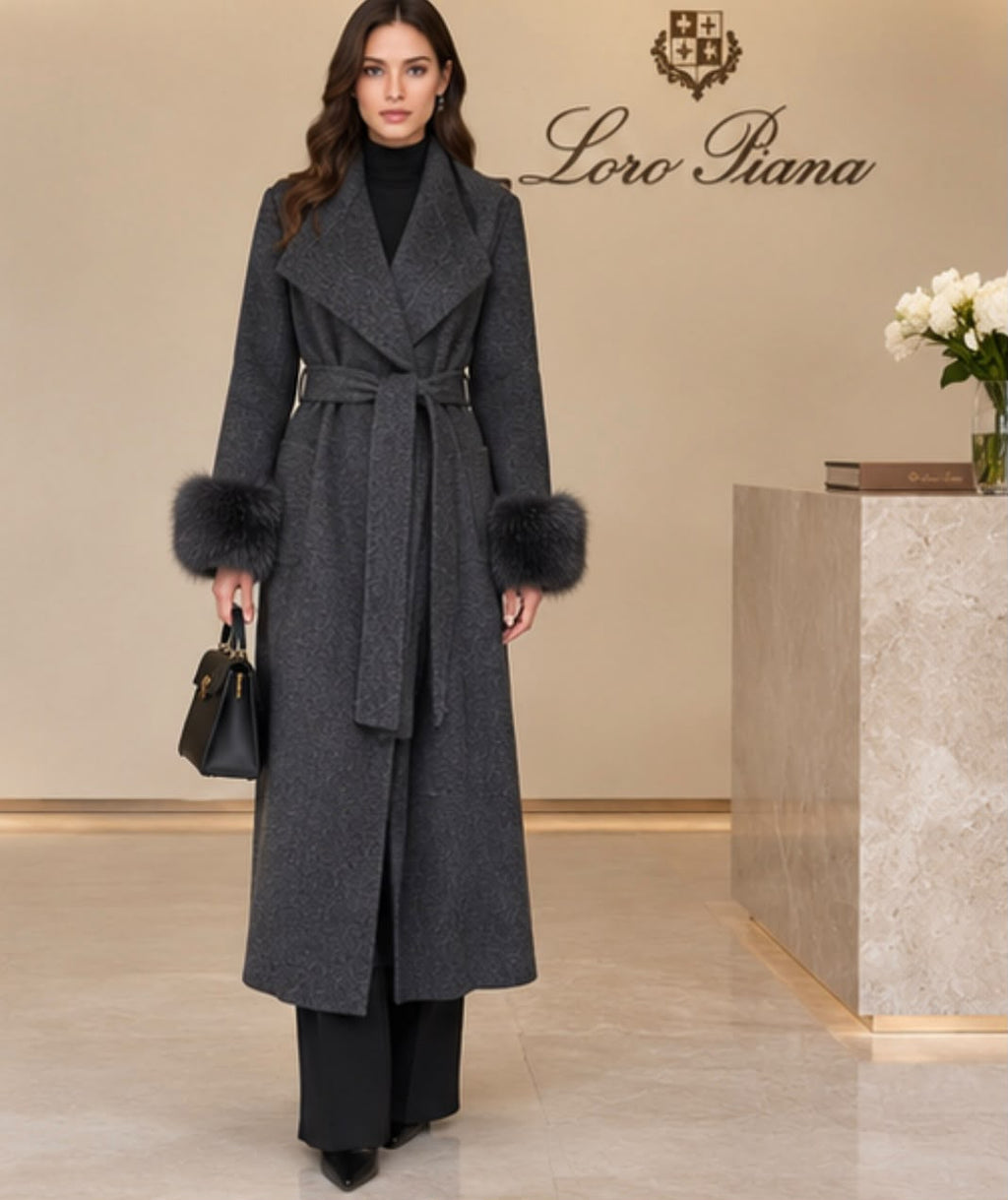 Loro Piana Belted Long Coat with Plush Cuffs