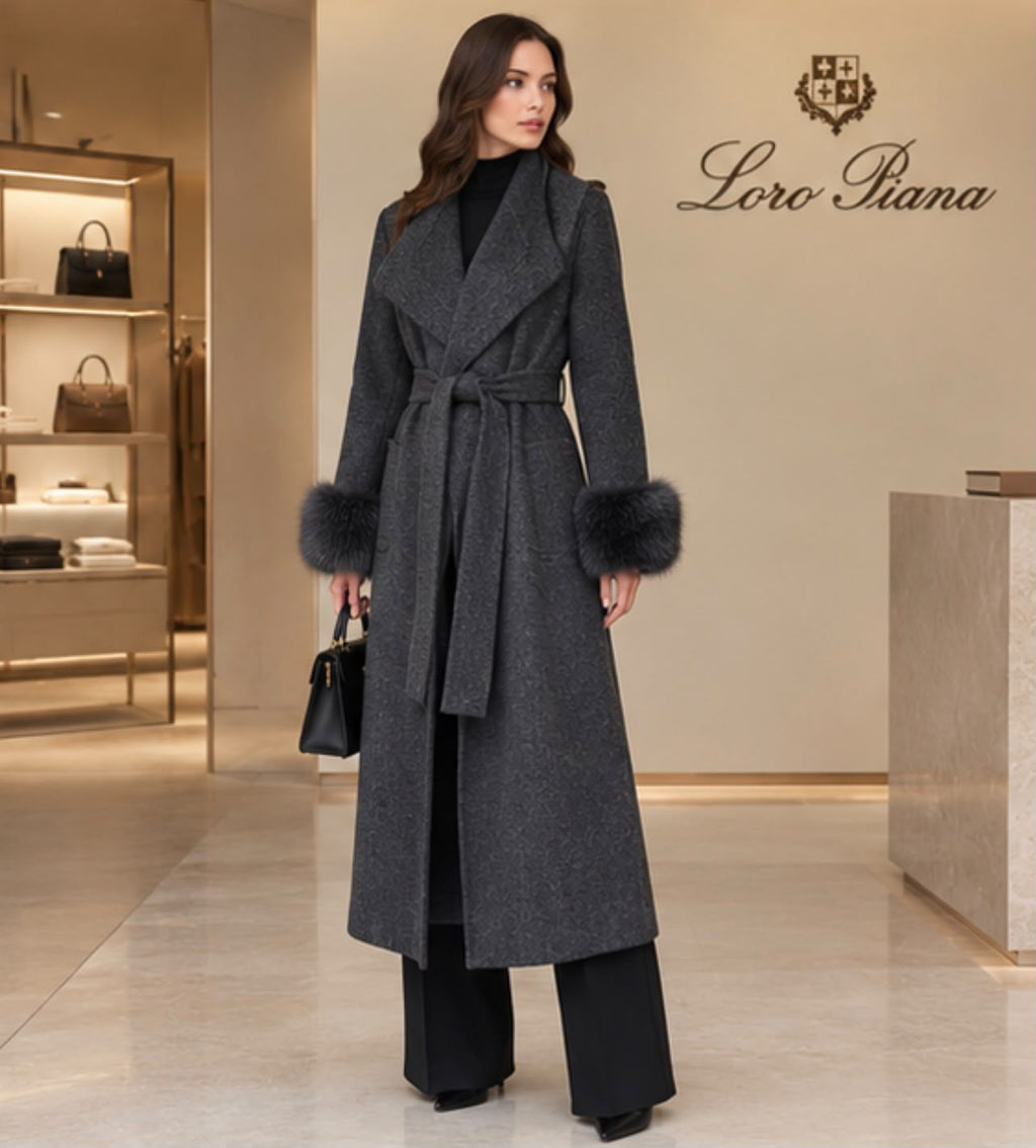 Loro Piana Belted Long Coat with Plush Cuffs