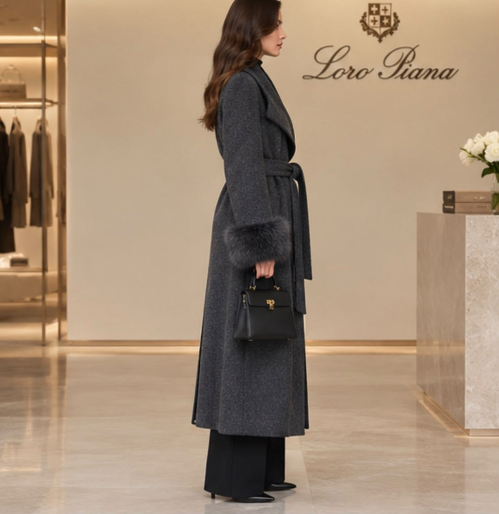 Loro Piana Belted Long Coat with Plush Cuffs