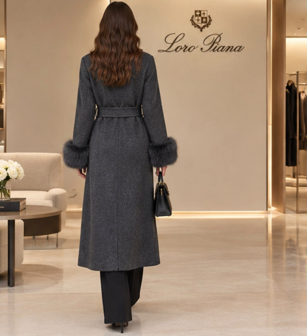 Loro Piana Belted Long Coat with Plush Cuffs