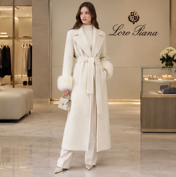 Loro Piana Belted Long Coat with Plush Cuffs