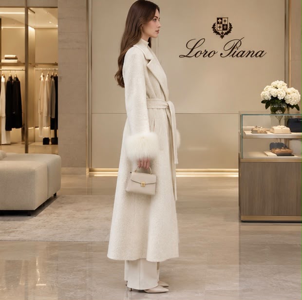 Loro Piana Belted Long Coat with Plush Cuffs