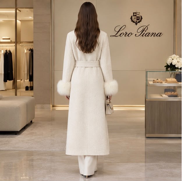 Loro Piana Belted Long Coat with Plush Cuffs