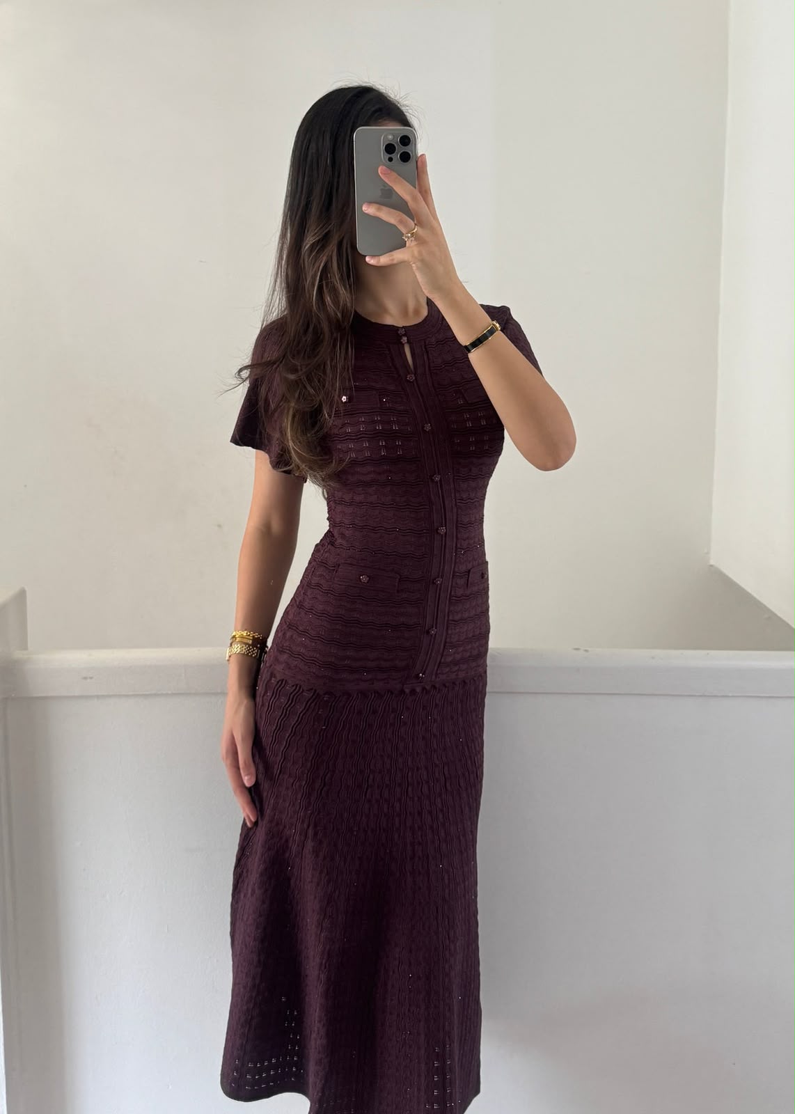 SANDRO Short-Sleeve Textured Button-Front Midi Dress
