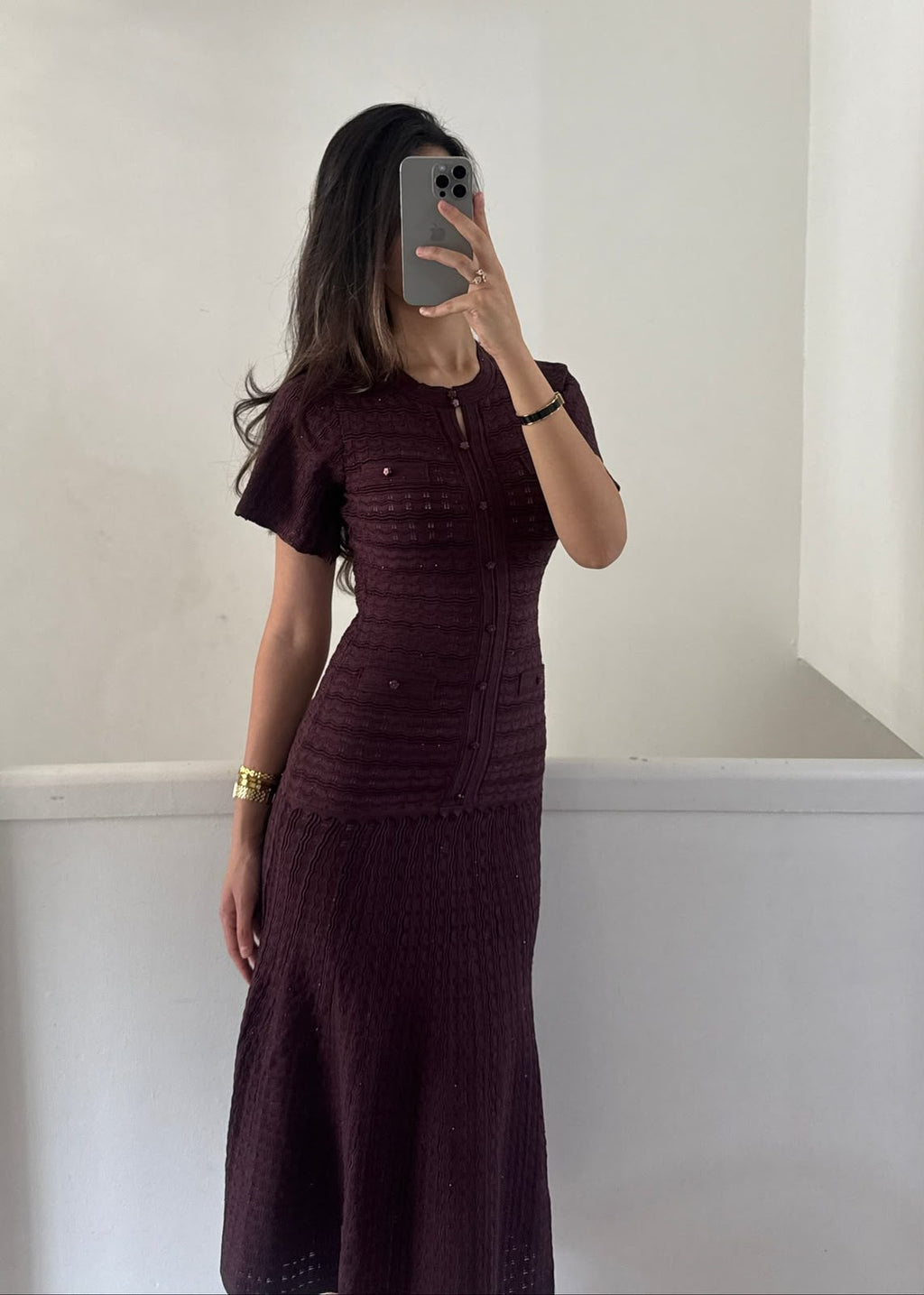 SANDRO Short-Sleeve Textured Button-Front Midi Dress