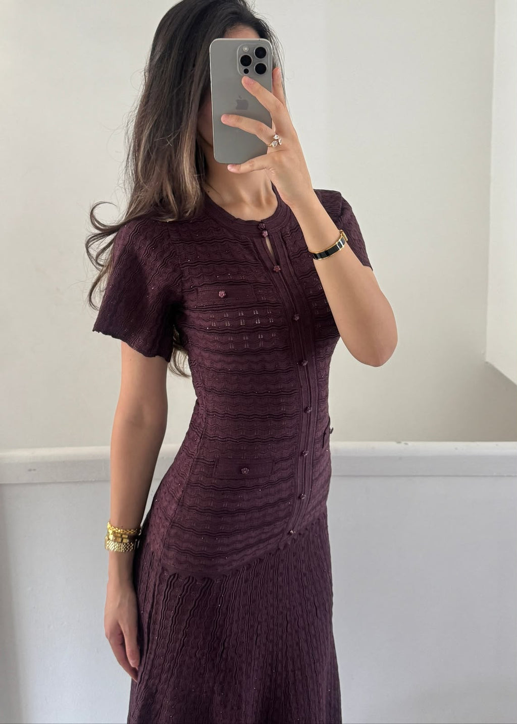 SANDRO Short-Sleeve Textured Button-Front Midi Dress