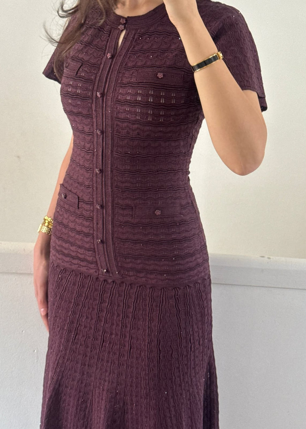 SANDRO Short-Sleeve Textured Button-Front Midi Dress