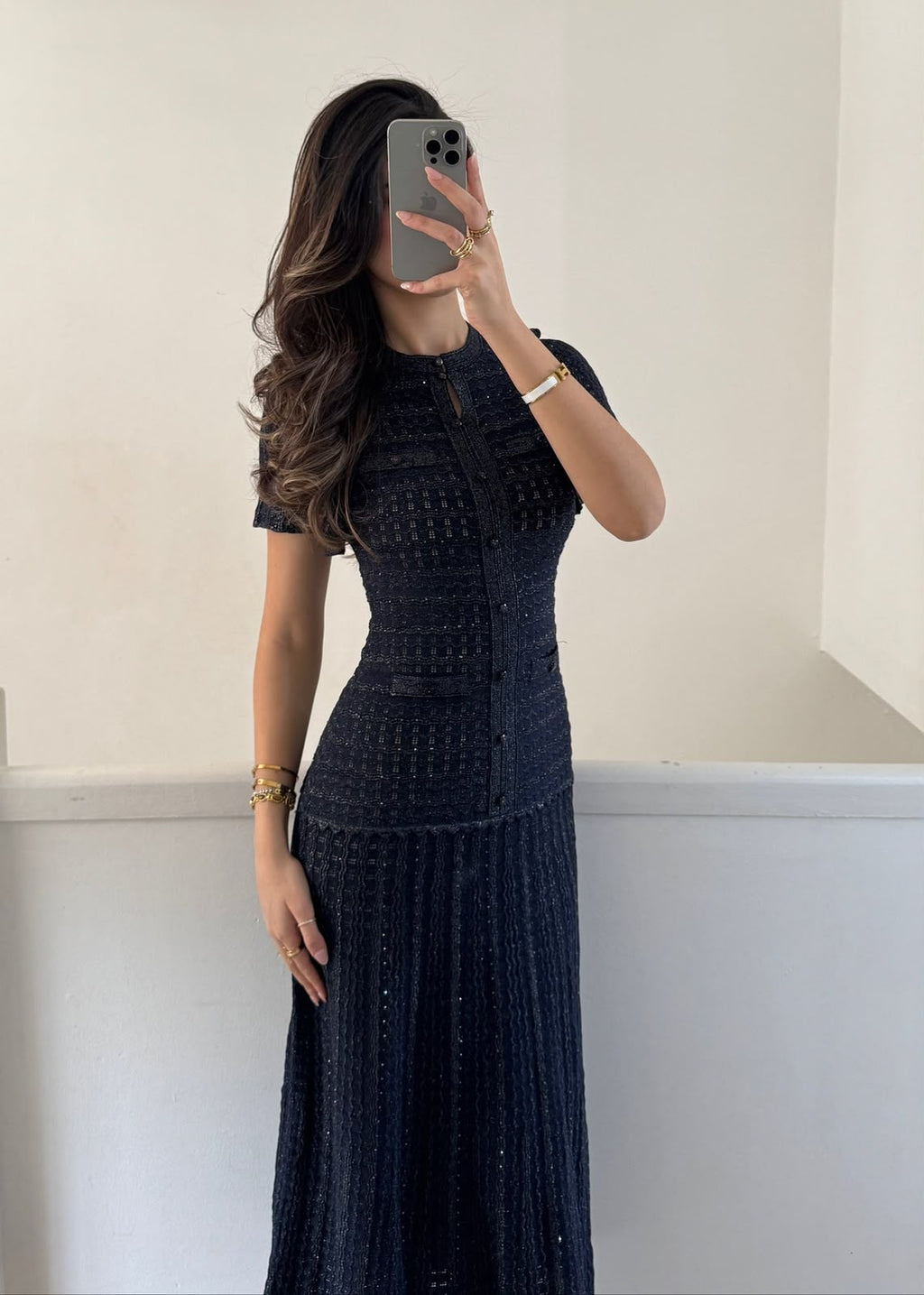 SANDRO Short-Sleeve Textured Button-Front Midi Dress