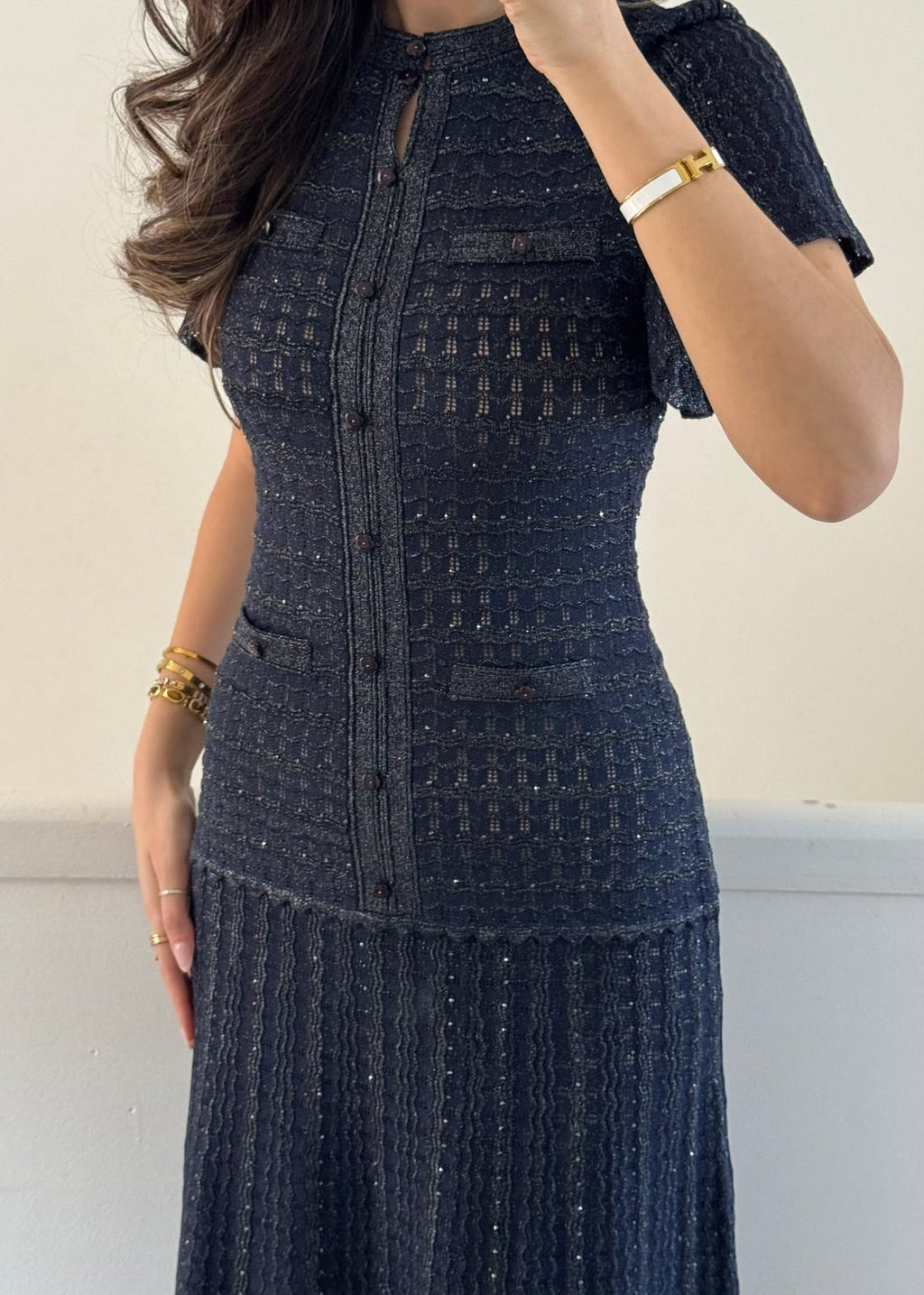 SANDRO Short-Sleeve Textured Button-Front Midi Dress