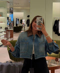 Prada Contrast-Collar Cropped Denim Zip Jacket