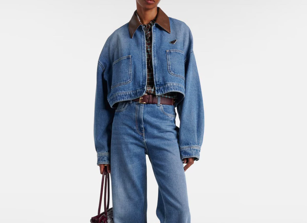 Prada Contrast-Collar Cropped Denim Zip Jacket