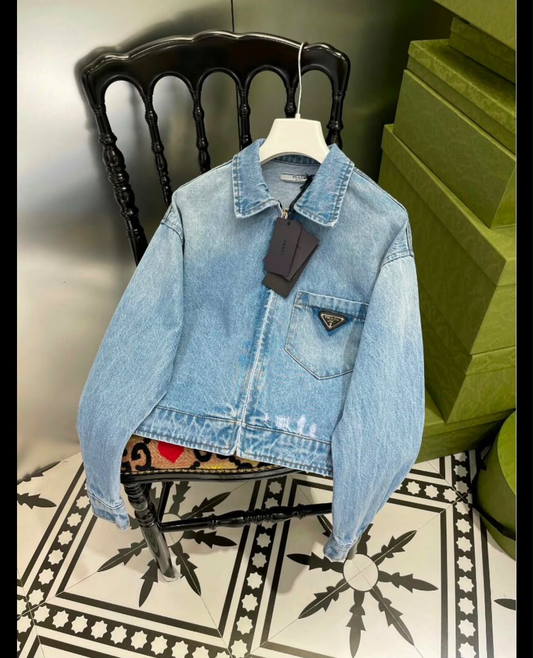 Prada Triangle-Pocket Cropped Denim Zip Jacket