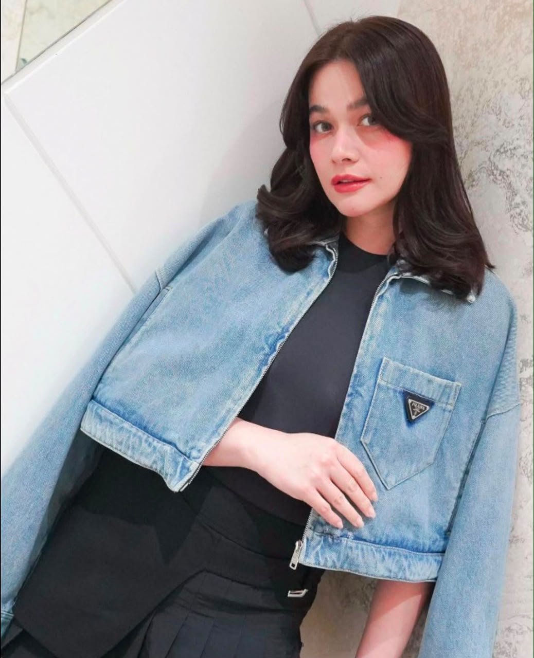 Prada Triangle-Pocket Cropped Denim Zip Jacket