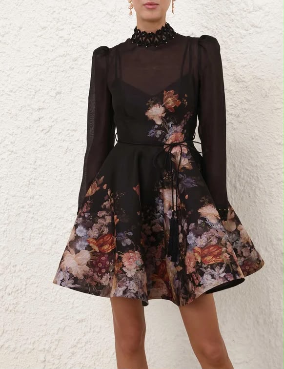 Zimmermann Floral High-Neck Long-Sleeve Mini Dress