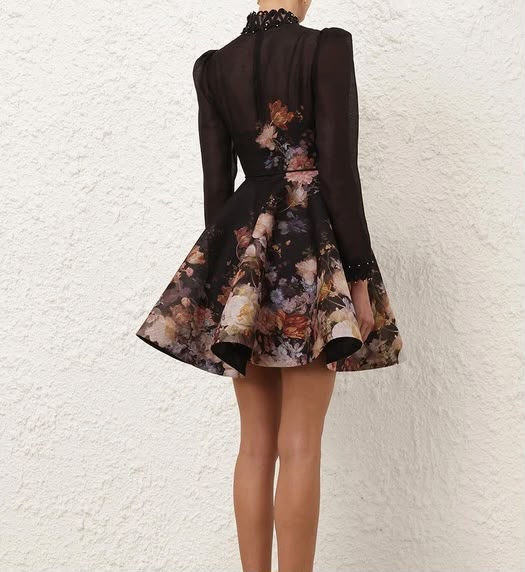 Zimmermann Floral High-Neck Long-Sleeve Mini Dress