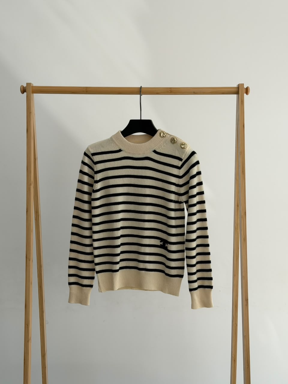 CHANEL Striped Shoulder-Button Crewneck Sweater