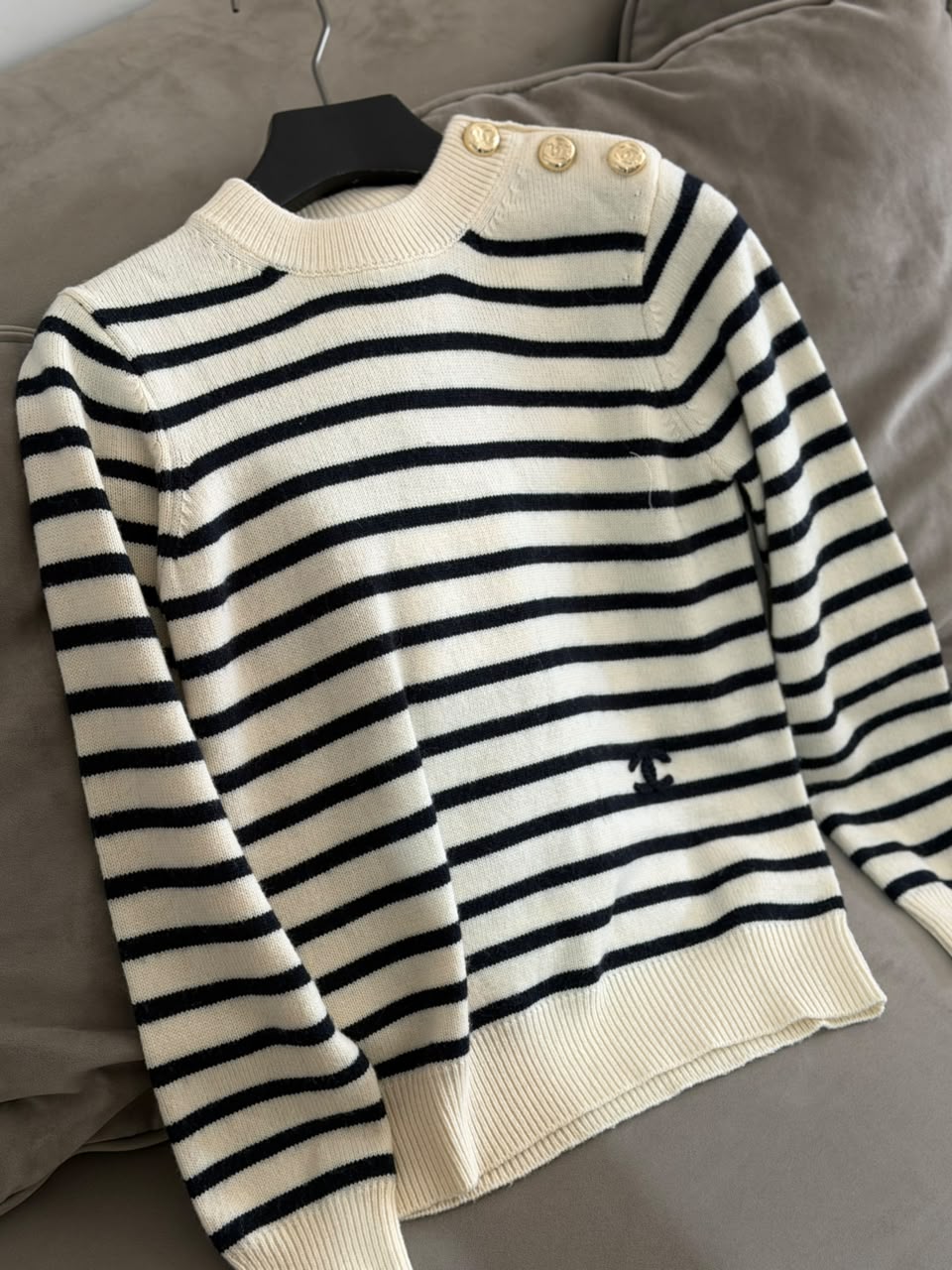 CHANEL Striped Shoulder-Button Crewneck Sweater