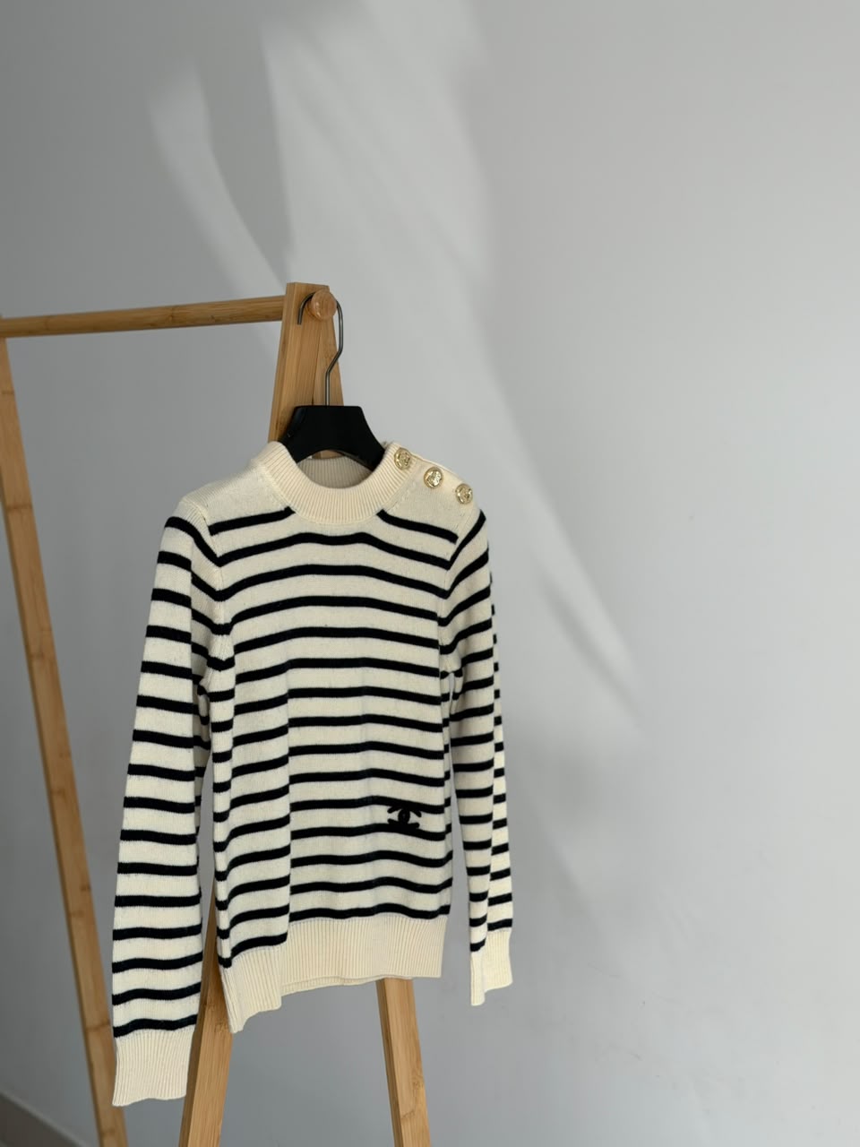 CHANEL Striped Shoulder-Button Crewneck Sweater