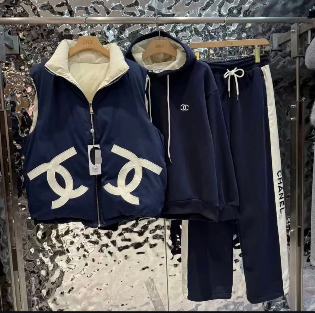 CHANEL Three-Piece Hooded Tracksuit and Vest Set