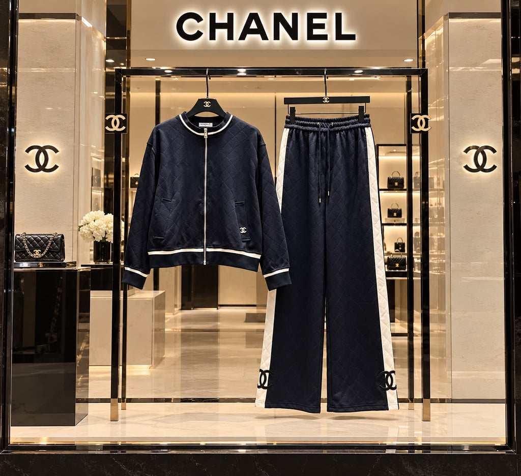 CHANEL Contrast-Stripe Zip Jacket and Wide-Leg Trousers Set