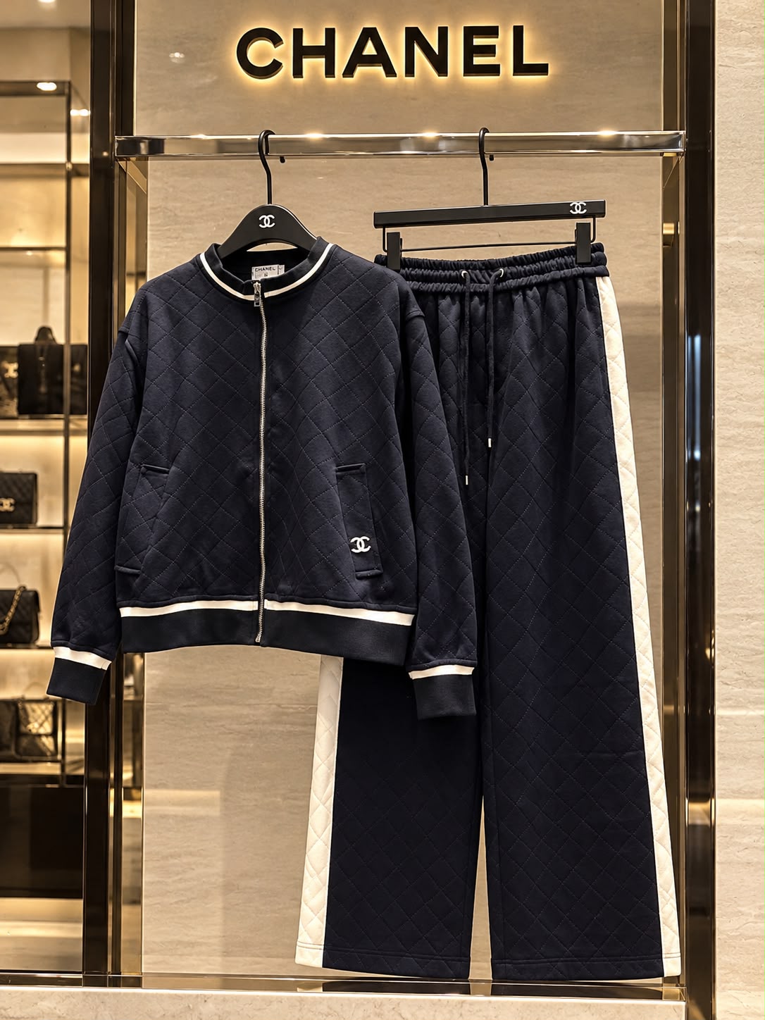 CHANEL Contrast-Stripe Zip Jacket and Wide-Leg Trousers Set