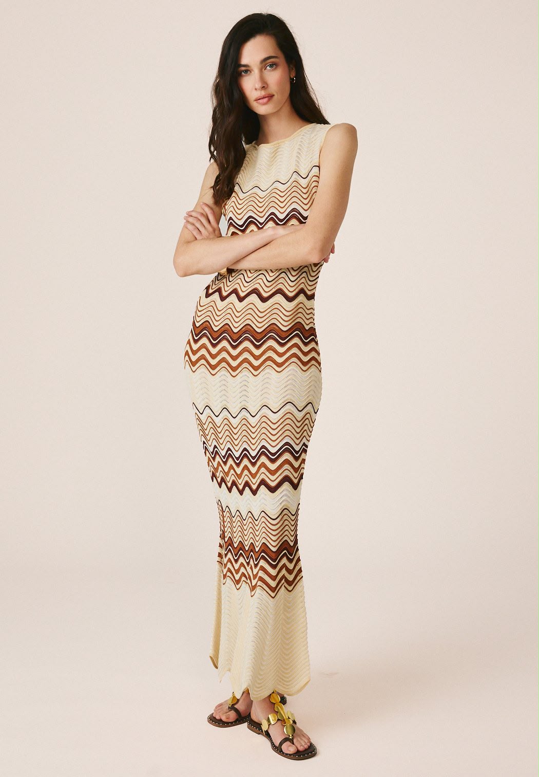 Missoni Cream and Brown Wave-Stripe Midi Dress