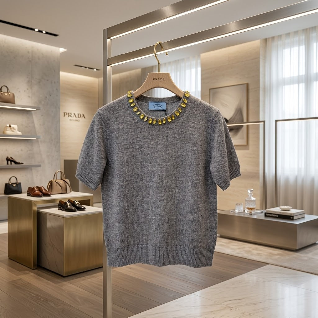 Prada Embellished-Neck Short-Sleeve Knit Top